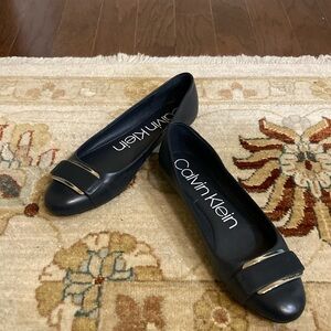 Calvin Klein dress flat in navy with silver tone accented buckle around …